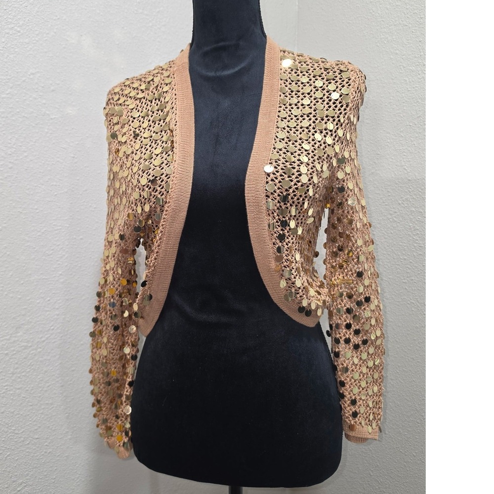 Vintage Cejon Y2K Sequin Crochet Cropped Bolero Shrug Cardigan Tan Gold Large